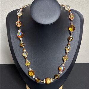 Venetian Glass Aurora Borealis Elegant Beaded Necklace Gold Brown Accents